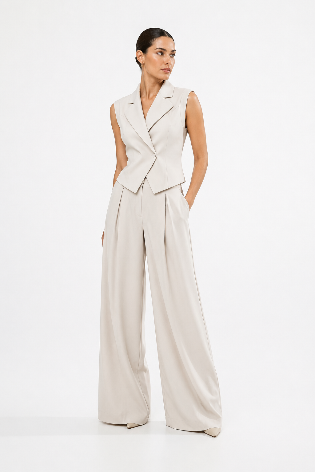 Ensemble gilet beige luxe et pantalon large