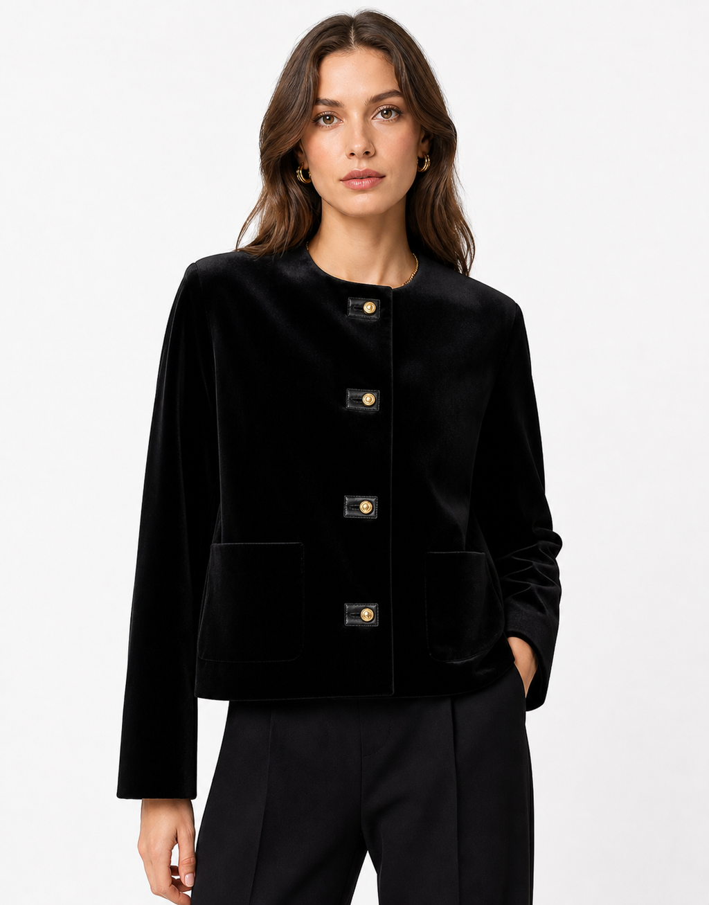 Veste courte en velours noir à boutons signature