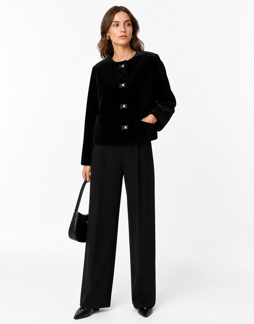 Veste courte en velours noir à boutons signature