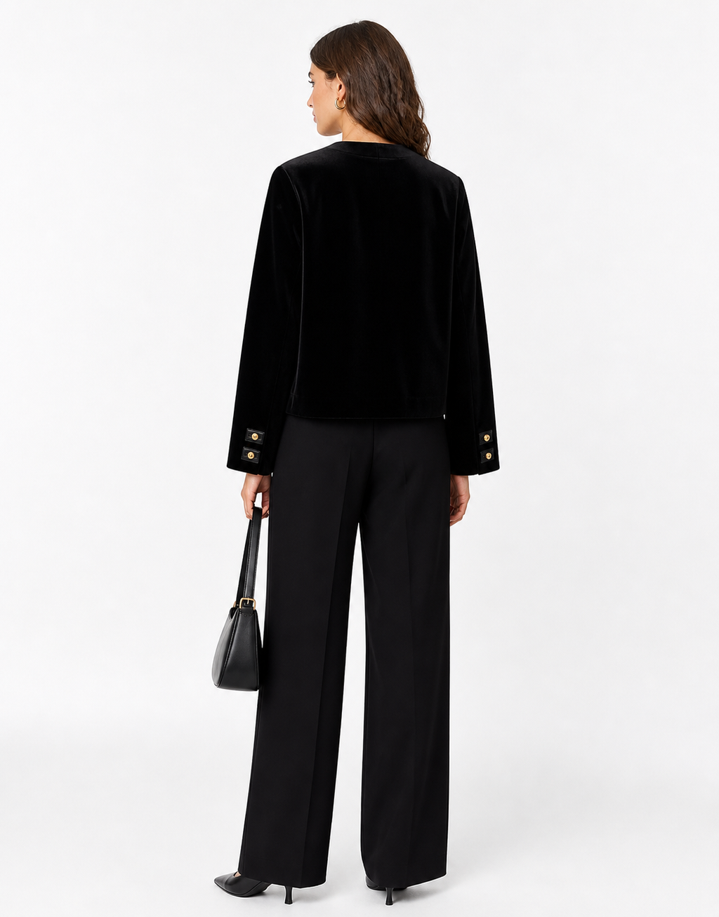 Veste courte en velours noir à boutons signature