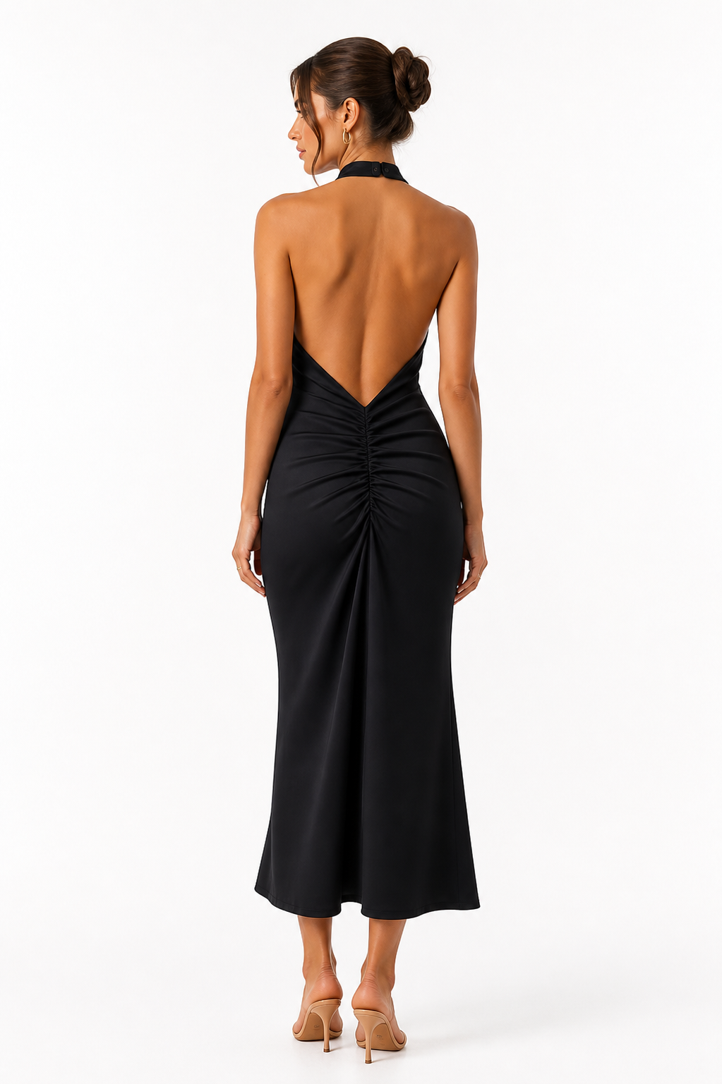 Robe longue dos nu col licou drapée