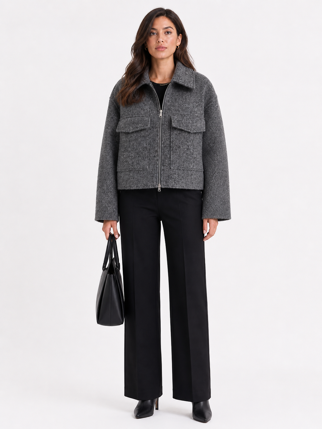 Veste courte en tweed gris structurée à poches