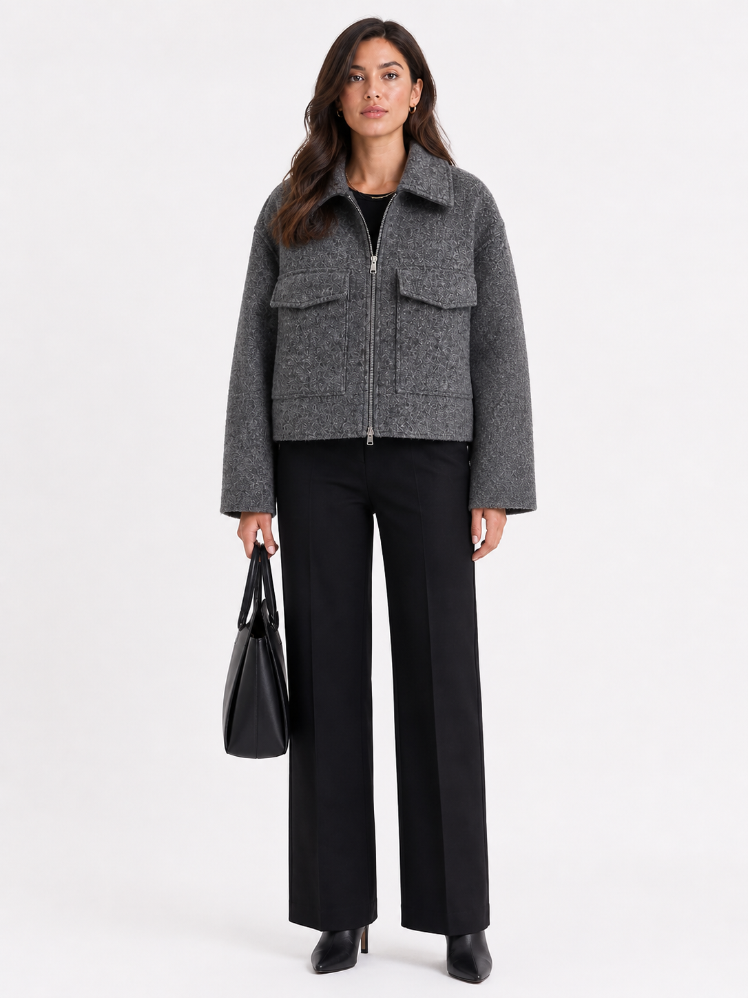 Veste courte en tweed gris structurée à poches