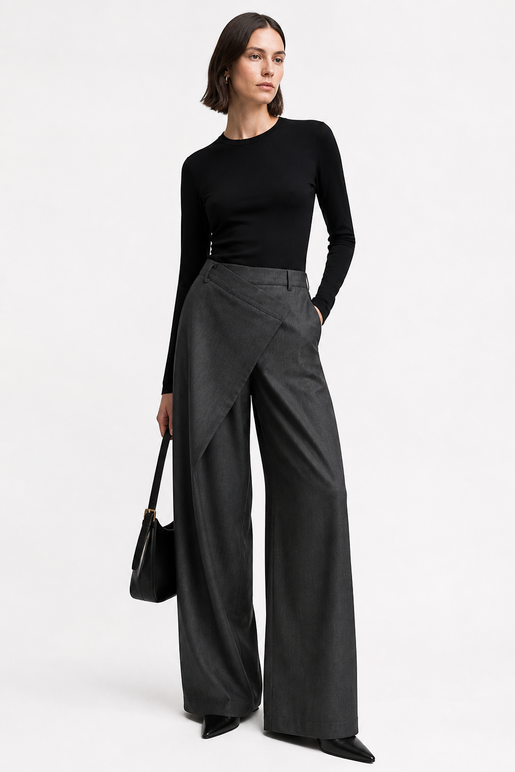 Pantalon large noir taille haute asymétrique structuré