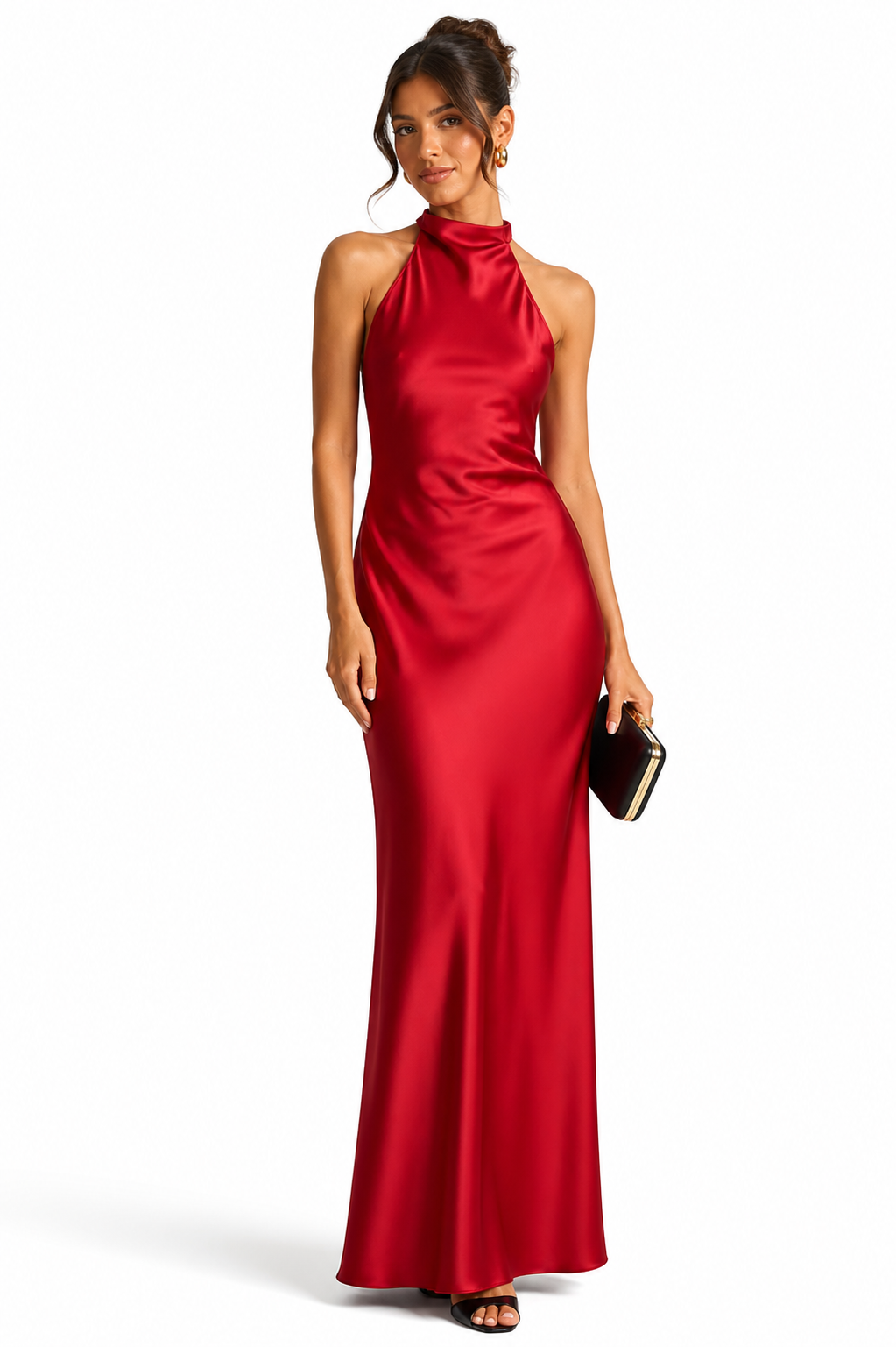 Robe longue satinée dos nu col licou rouge