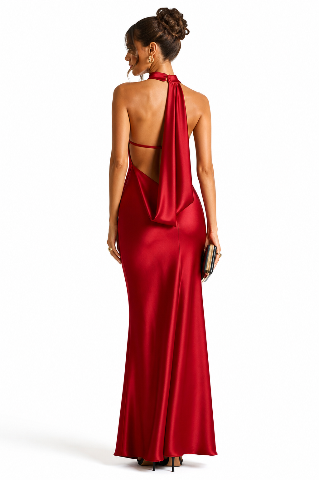 Robe longue satinée dos nu col licou rouge