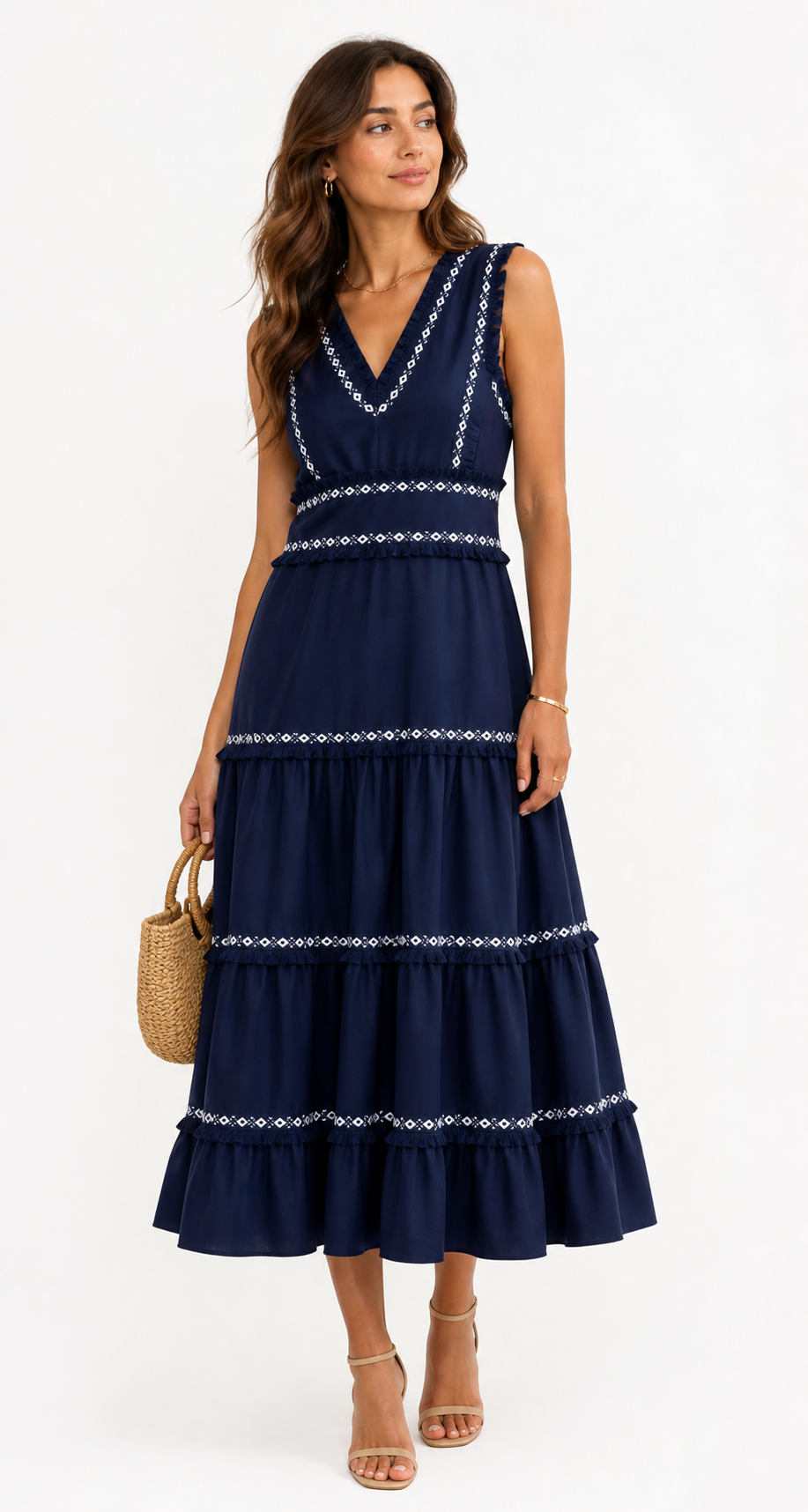 Robe midi bohème brodée encolure en V