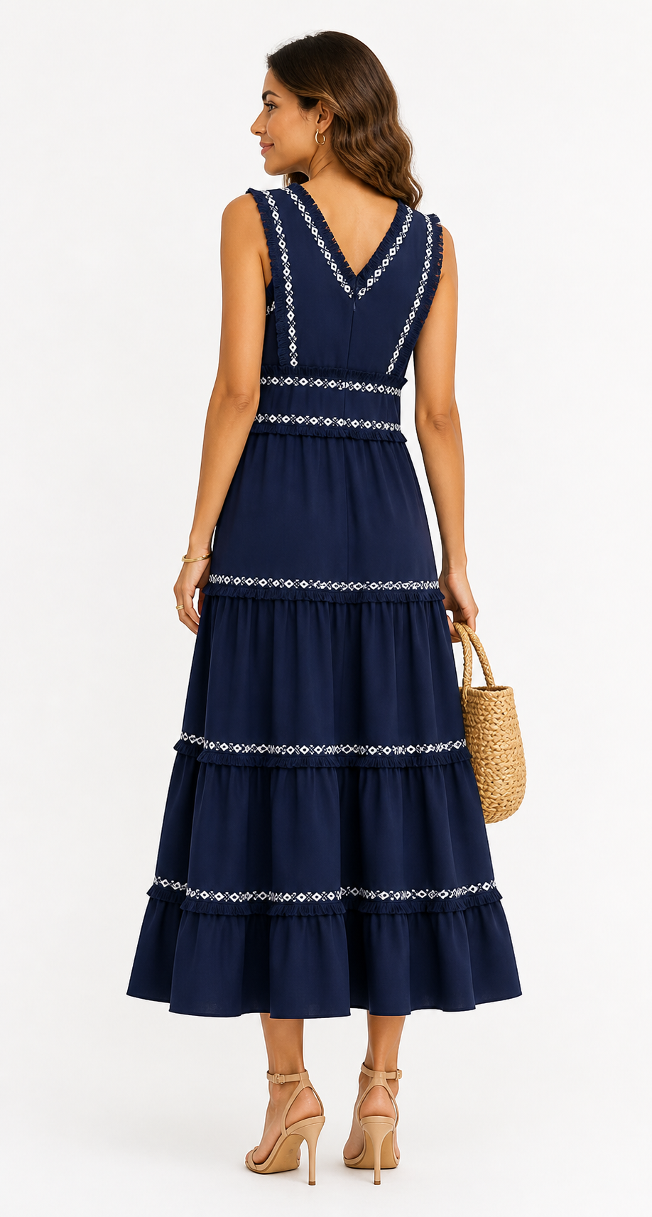 Robe midi bohème brodée encolure en V