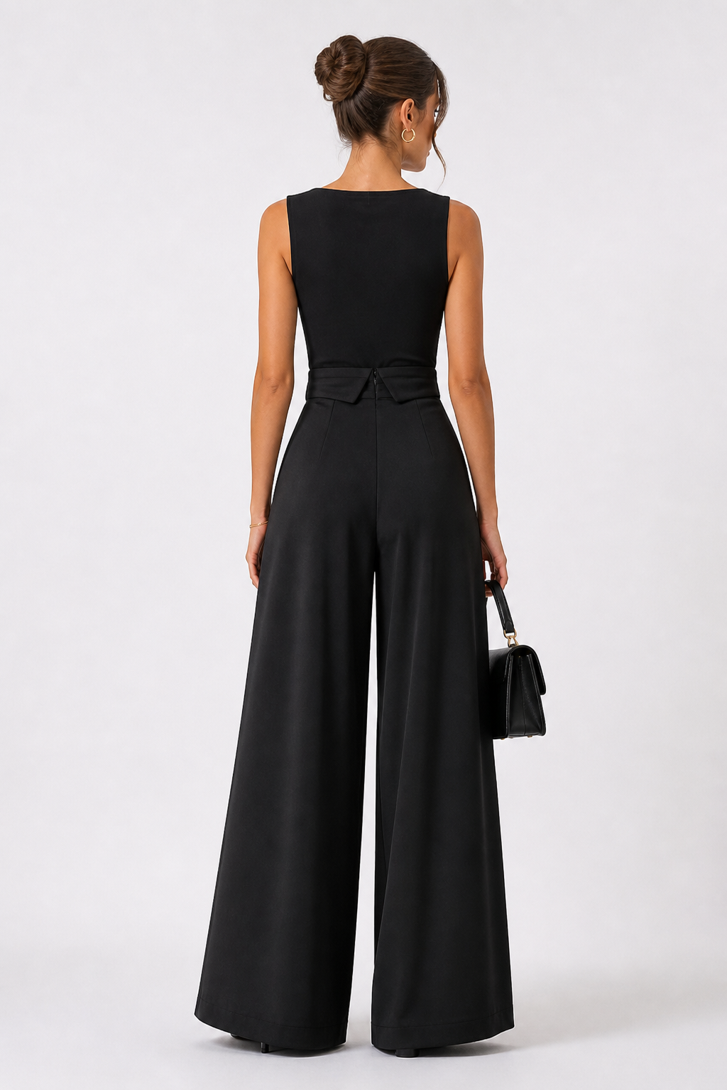 Pantalon large noir taille haute drapé élégant