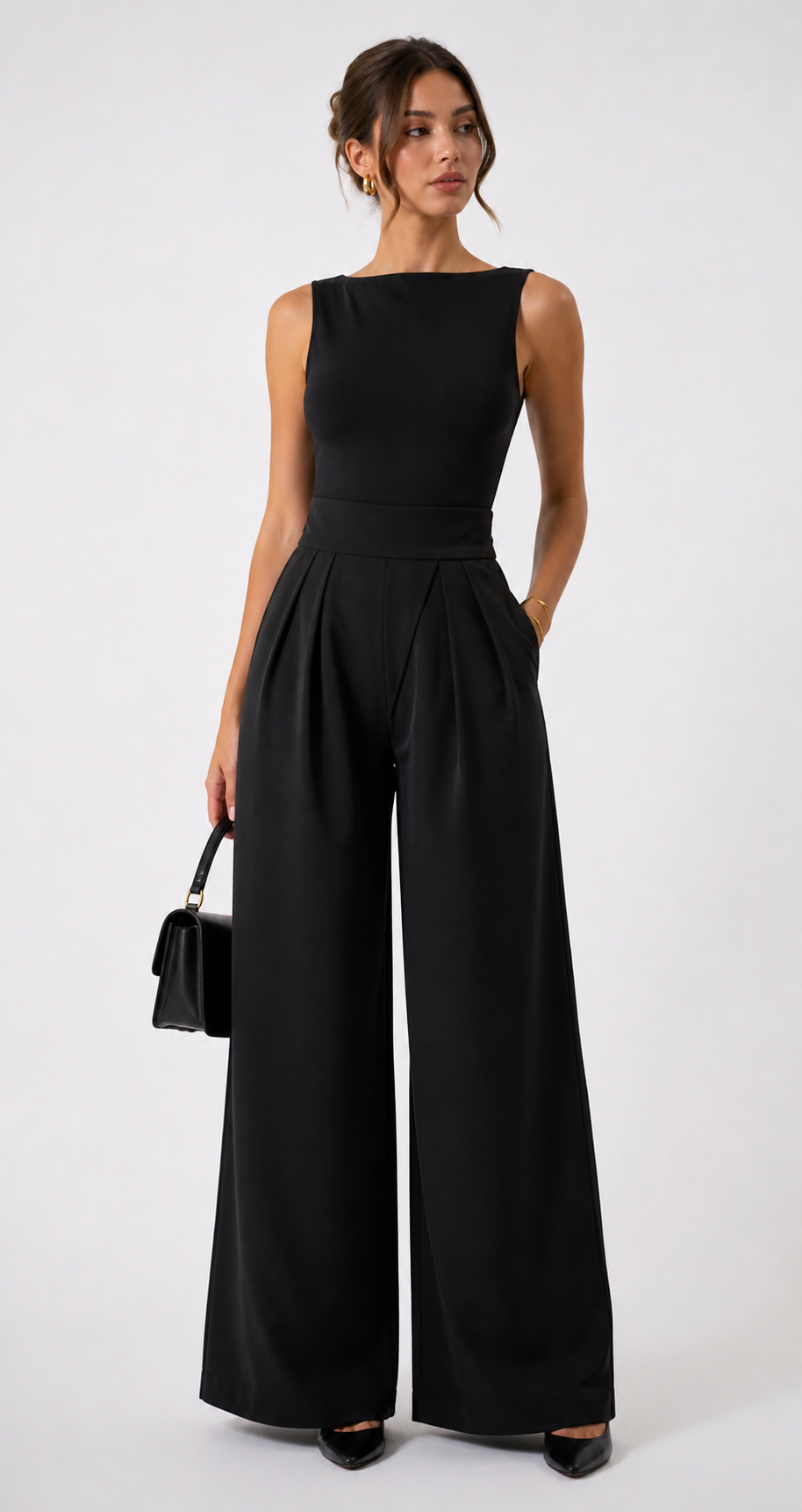 Pantalon large noir taille haute drapé élégant