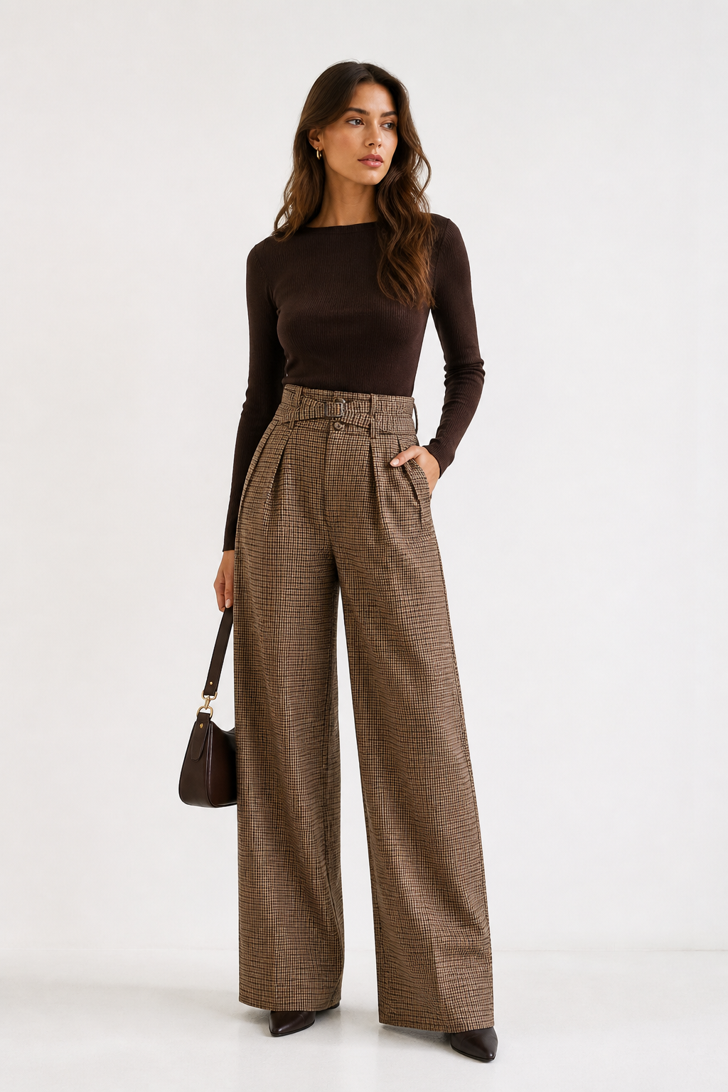 Pantalon large taille haute à carreaux élégants