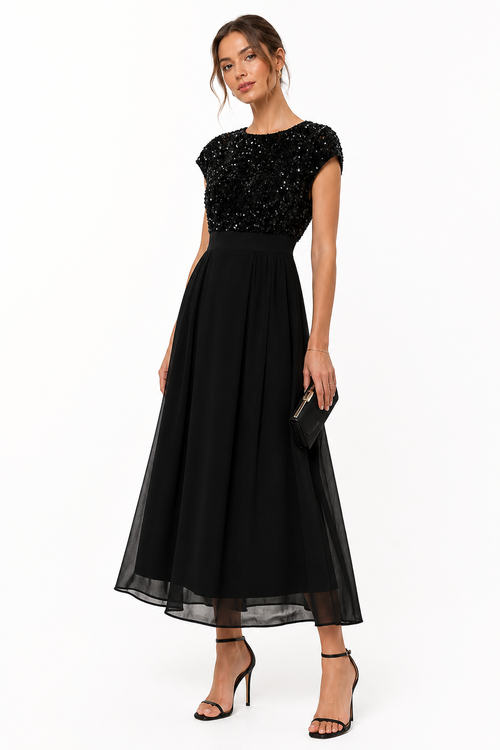 Robe longue fluide à sequins et coupe évasée