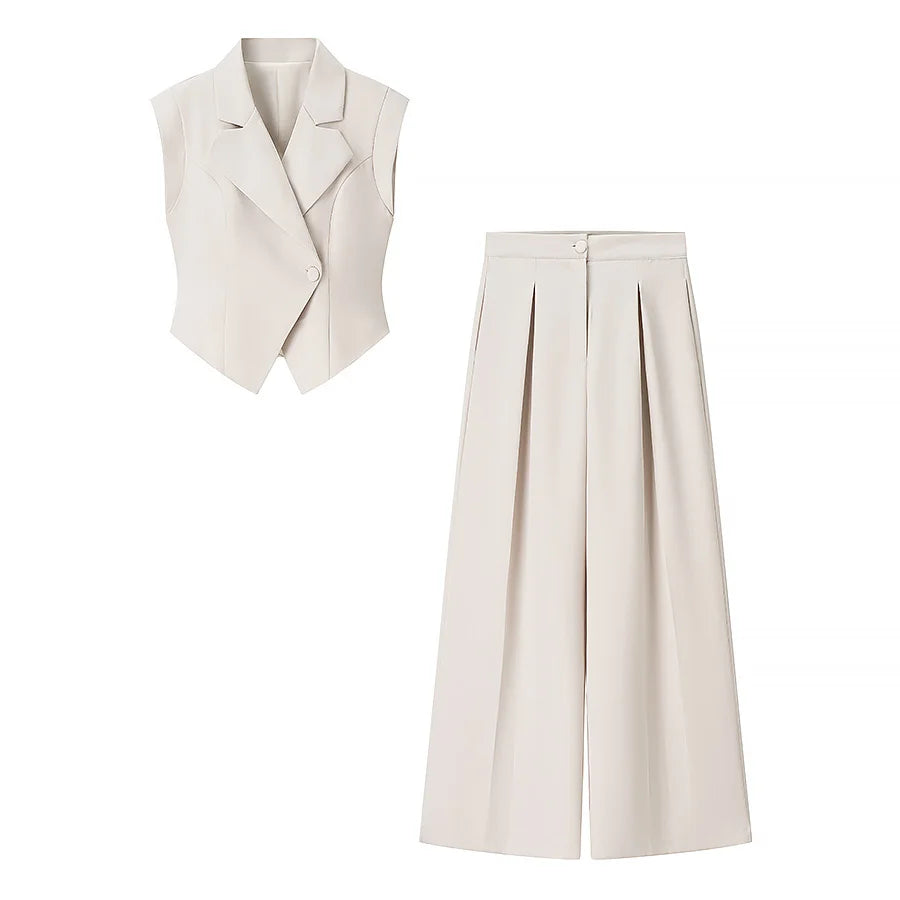 Ensemble gilet beige luxe et pantalon large