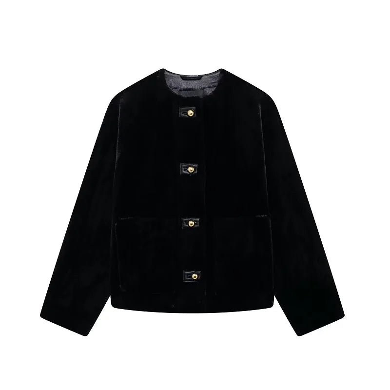 Veste courte en velours noir à boutons signature