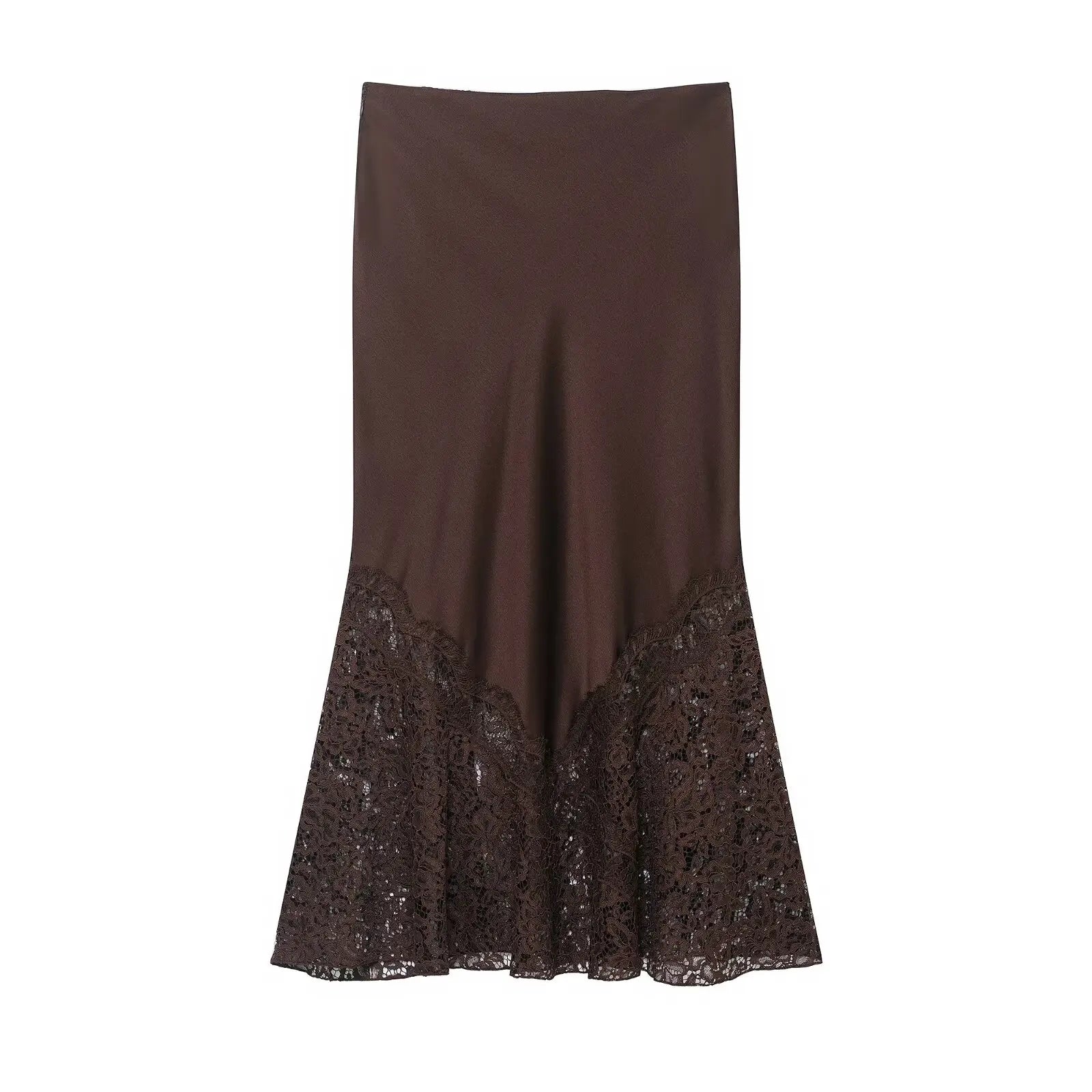 Jupe midi satinée à dentelle et fente élégante