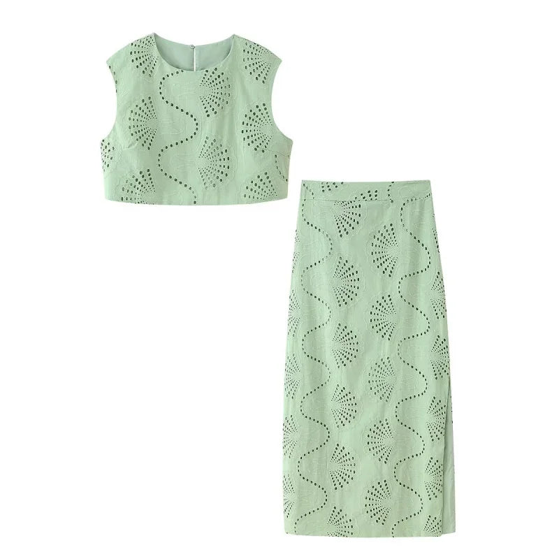 Ensemble vert broderie ajourée top et jupe longue