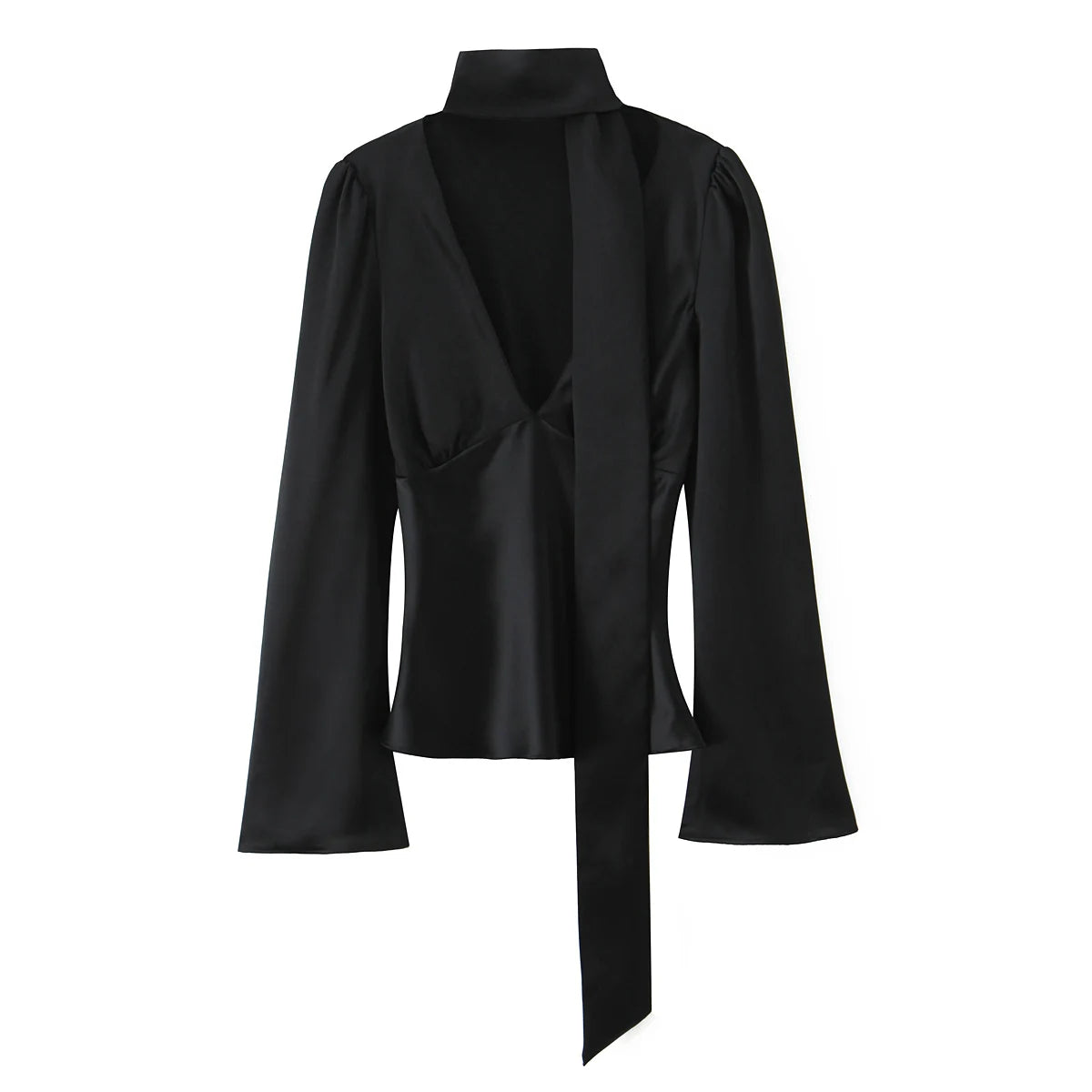 Chemise satinée noire à col foulard