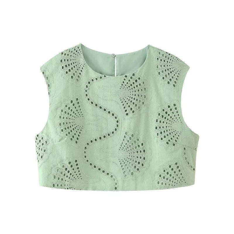 Ensemble vert broderie ajourée top et jupe longue