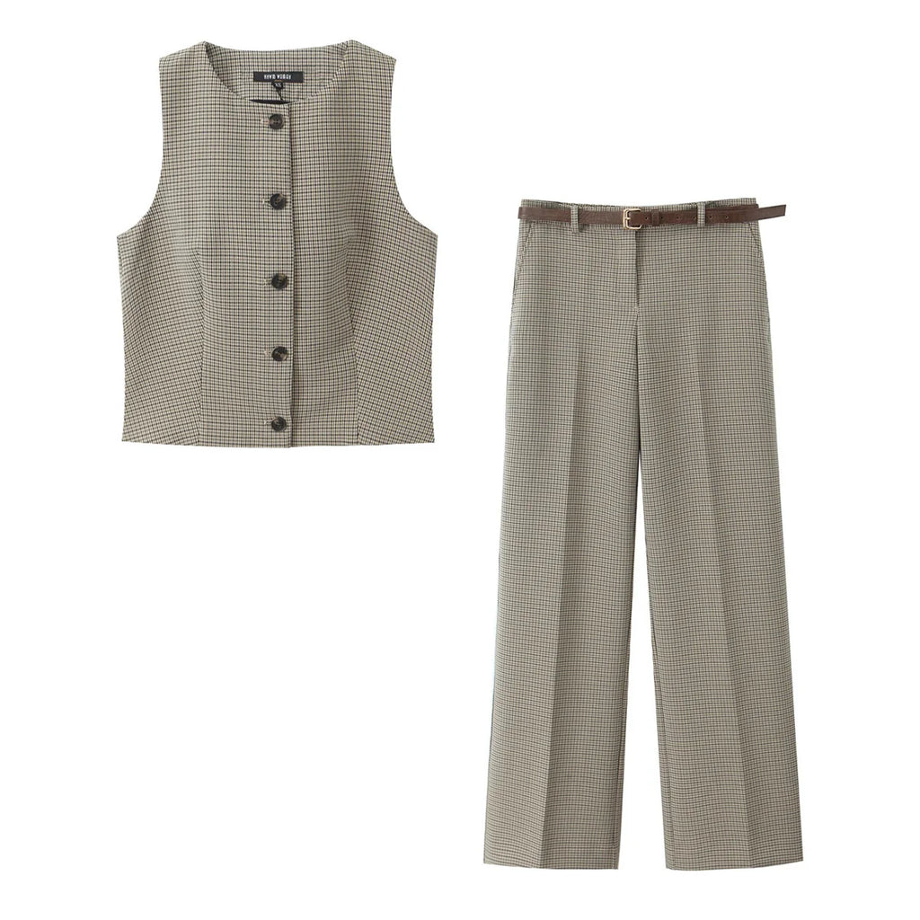 Ensemble pantalon large et top sans manches à carreaux