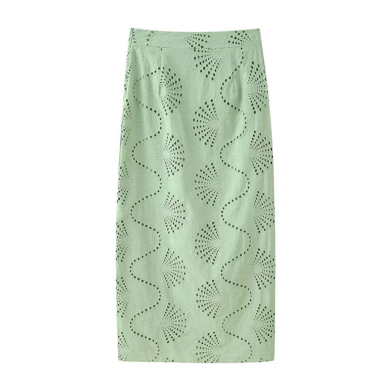 Ensemble vert broderie ajourée top et jupe longue
