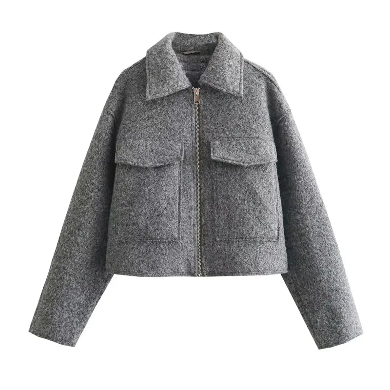 Veste courte en tweed gris structurée à poches
