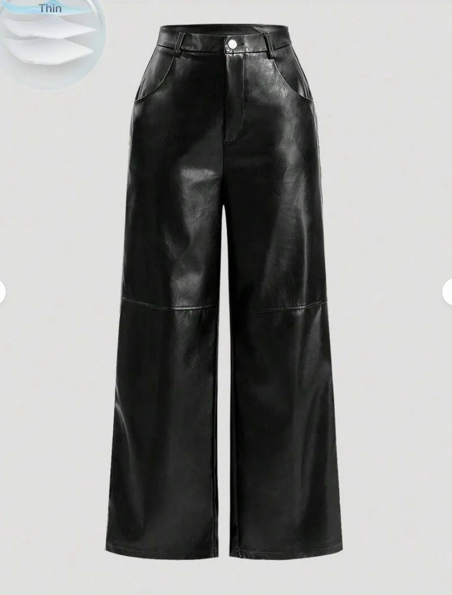 Pantalon large noir effet cuir taille structurée