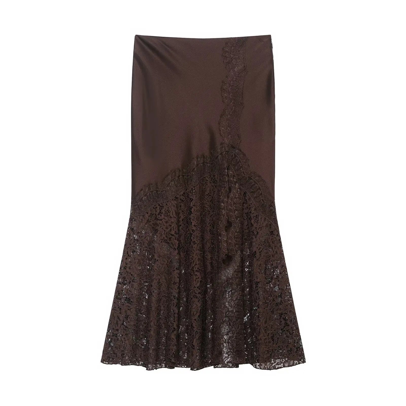 Jupe midi satinée à dentelle et fente élégante