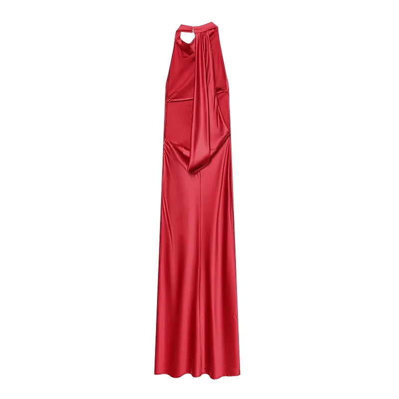 Robe longue satinée dos nu col licou rouge