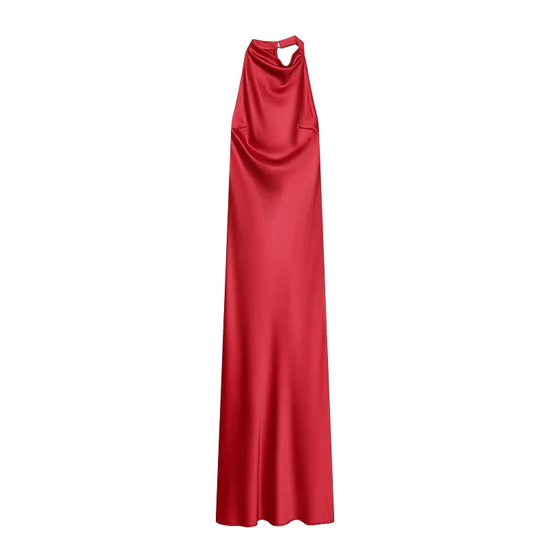 Robe longue satinée dos nu col licou rouge
