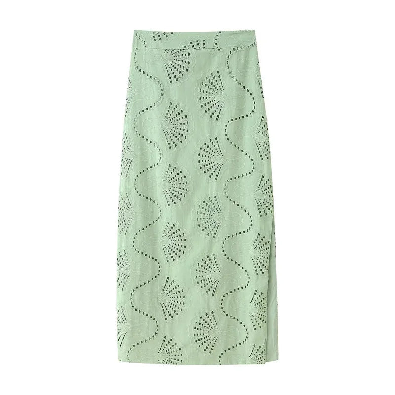 Ensemble vert broderie ajourée top et jupe longue