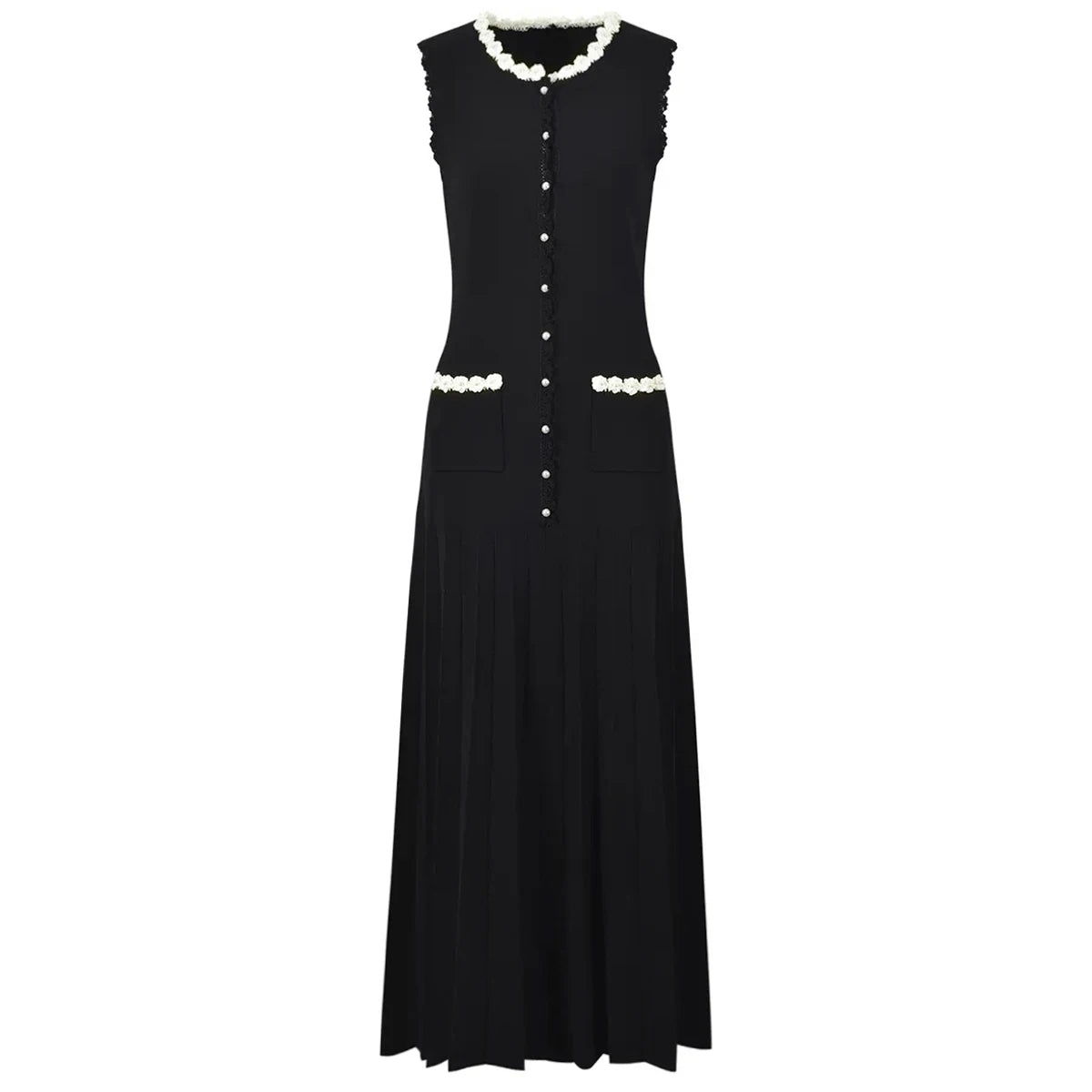Robe longue en maille fleurie perlée
