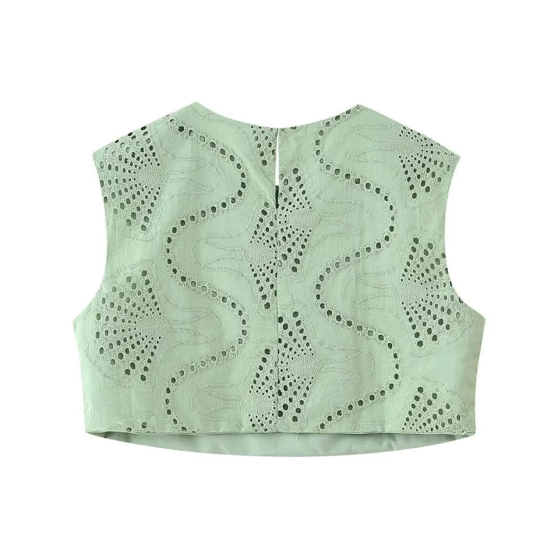 Ensemble vert broderie ajourée top et jupe longue