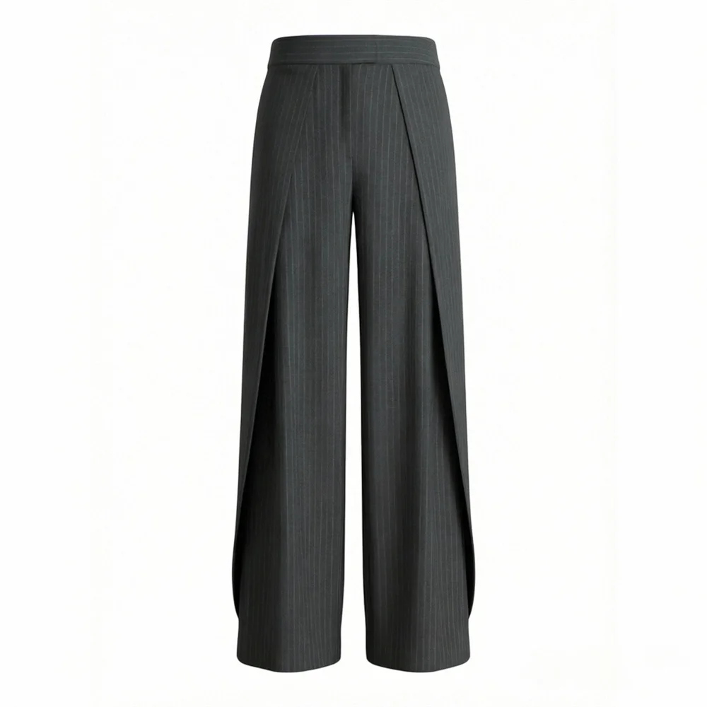Pantalon large rayé gris taille haute