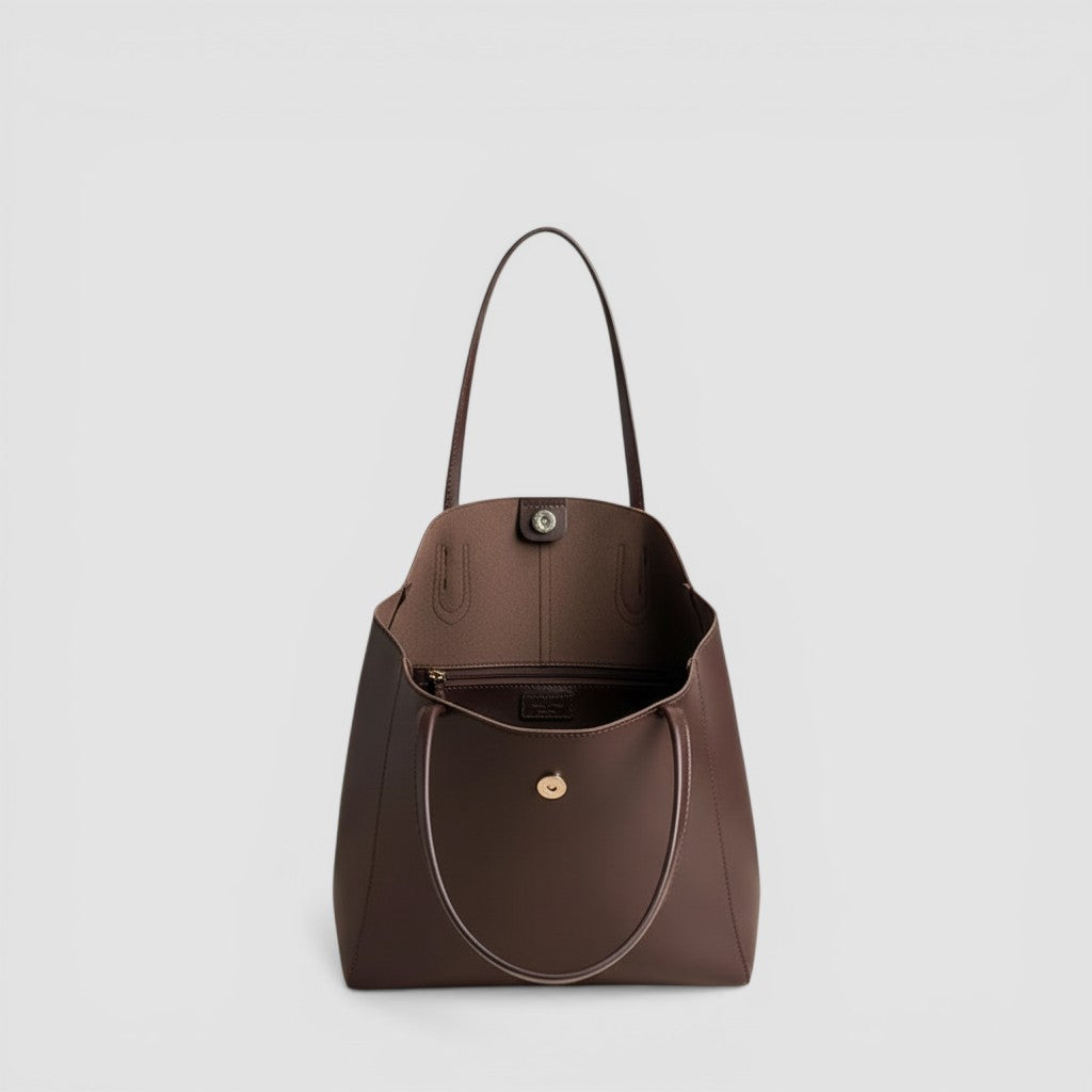 Loceor large brown faux leather tote bag with snap closure and interior zip pocket. Perfect for everyday use.